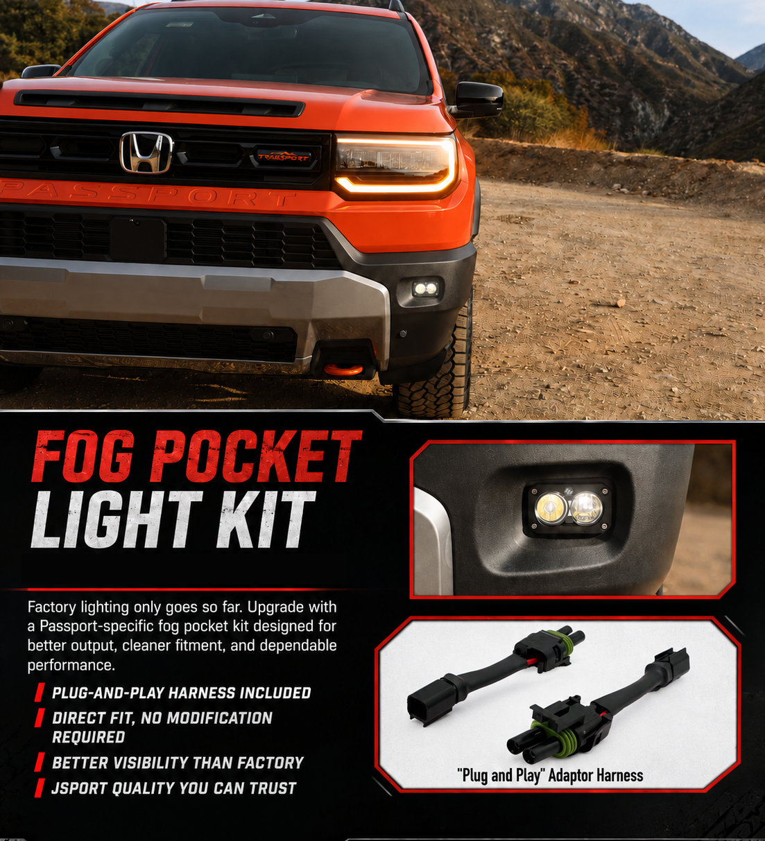 Fog Pocket Light Kit with Adaptive Plug & Play Harness by Jsport USA